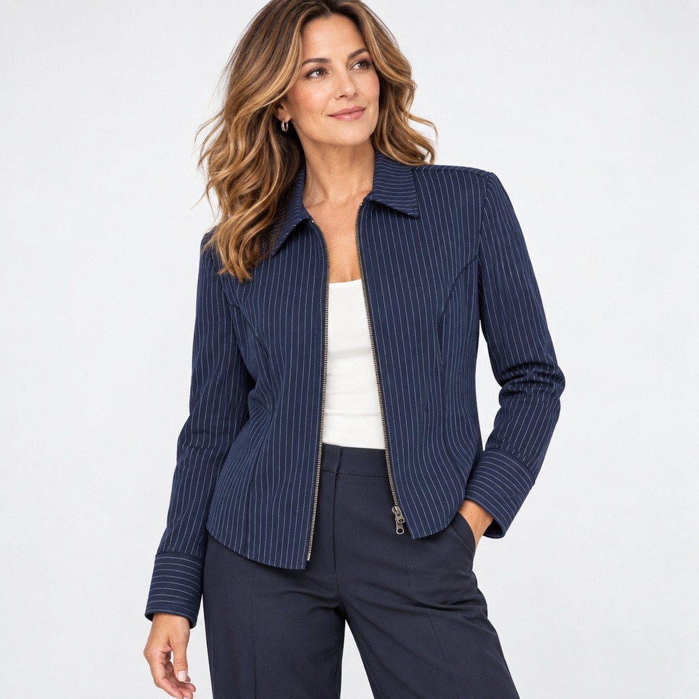 Anatomie Jacket XS Navy Pinstripe Zip Front Stretch Travel Career Blazer Womens